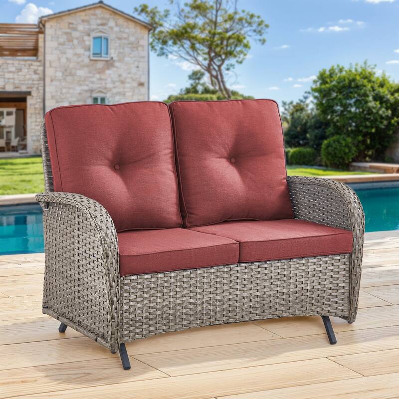Gymojoy Stylish Patio Loveseat Glider Sofa with Cushions - 1-Piece - Grey Wicker / Red Cushion