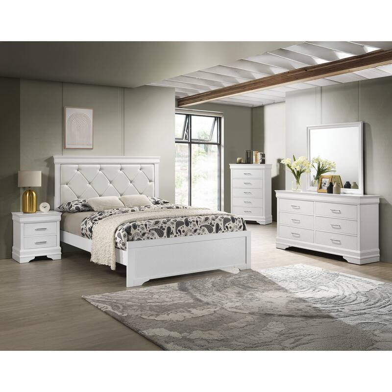 Queen Size White Upholstered Panel Bed with Tufted Headboard - Modern Bedroom Furniture