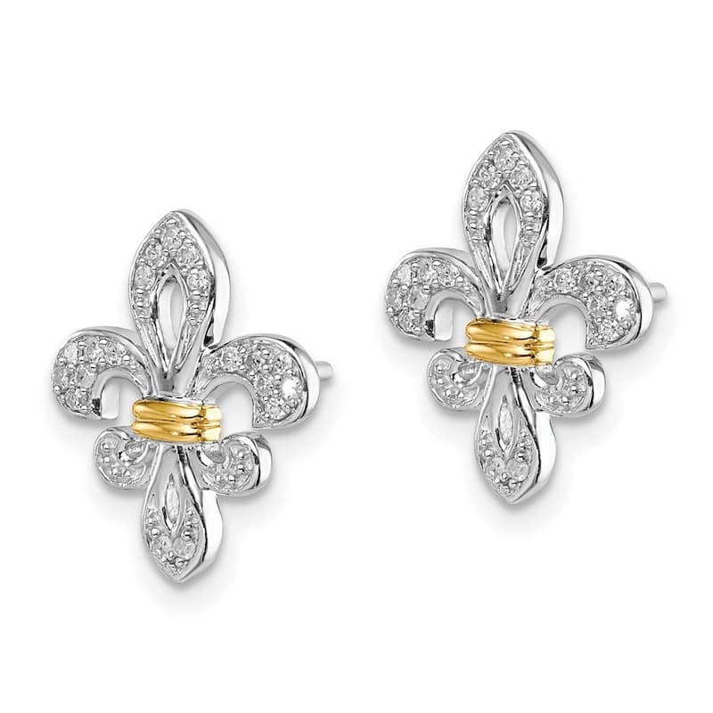 Curata 925 Sterling Silver Polished and 14k Yellow Gold Diamonds Fleur De Lis Post Earrings - 15x11mm Wide