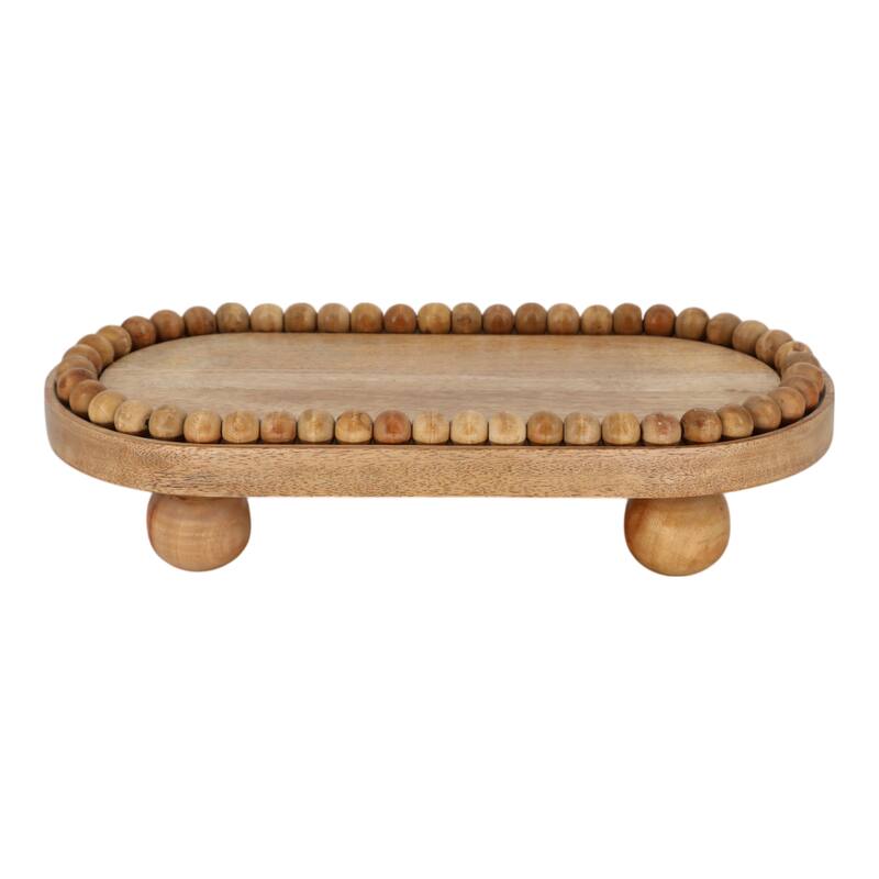 Decorative Mango Wood Beaded Oval Tray with Ball Feet - 16", Brown