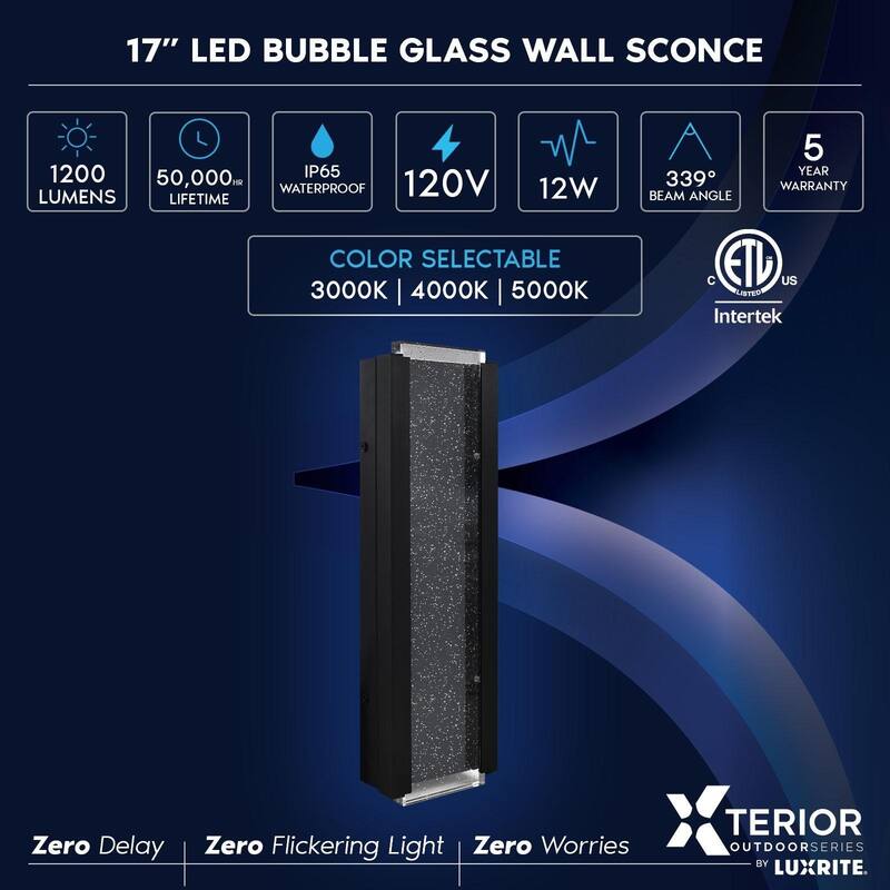 Luxrite LED 17" Bubble Glass Outdoor Wall Sconce, 3CCT 3000K-5000K, IP65, 12W, Aluminum, ETL 2-Pack - 3CCT (3000K/4000K/5000K)