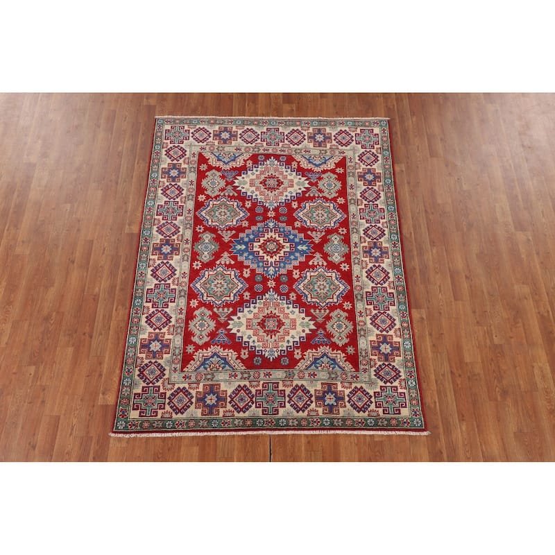 Traditional Kazak Oriental Area Rug Handmade Red Wool Carpet - 5'0" x 6'7"
