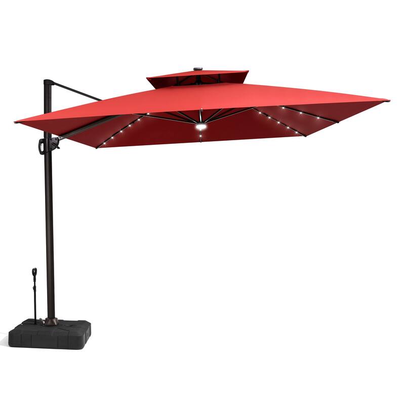 11 FT Outdoor Solar-Powered LED Light Aluminum Patio Cantilever Umbrella with Base
