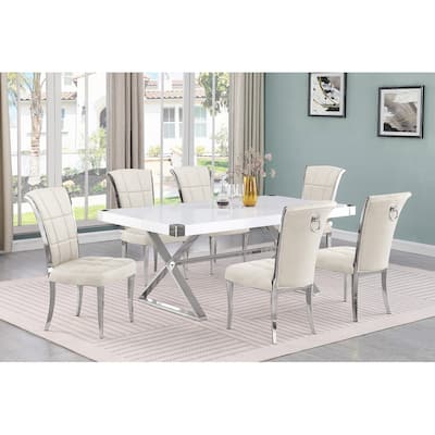 Best Quality Furniture D440/1-SC320-7 Dining Set 78" White Lacquer Wood Top