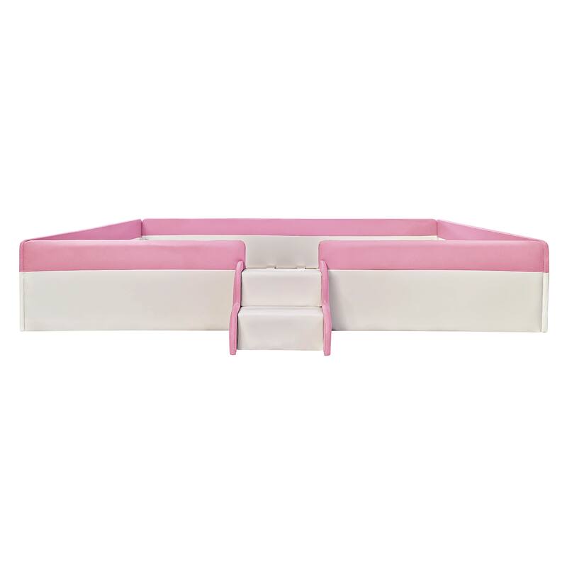 Upholstered Floor Bed Fence Bed Slat Platform Bed with Fence and Second Level Ladder, Anti-collision Frame for Kids Toddler