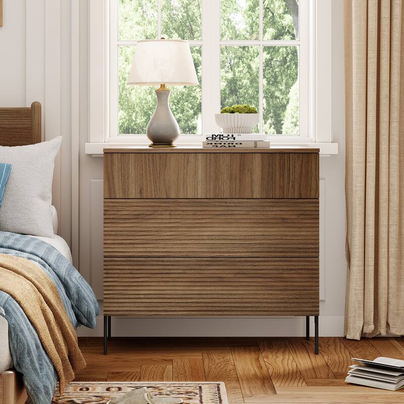 Modern Minimalist Wood Nightstand With 3 Drawers ,31.5" End Table,Reeded Design Bedside Table - Walnut - 3-drawer