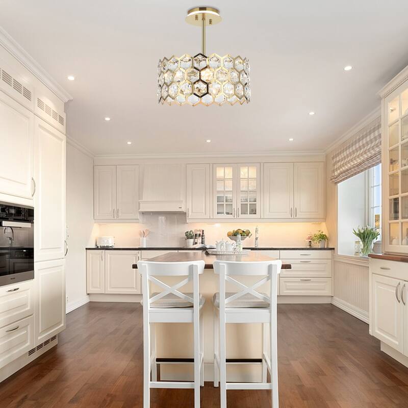 Modern Gold 3-Light Crystal Drum Pendant Ceiling Light for Dining Room