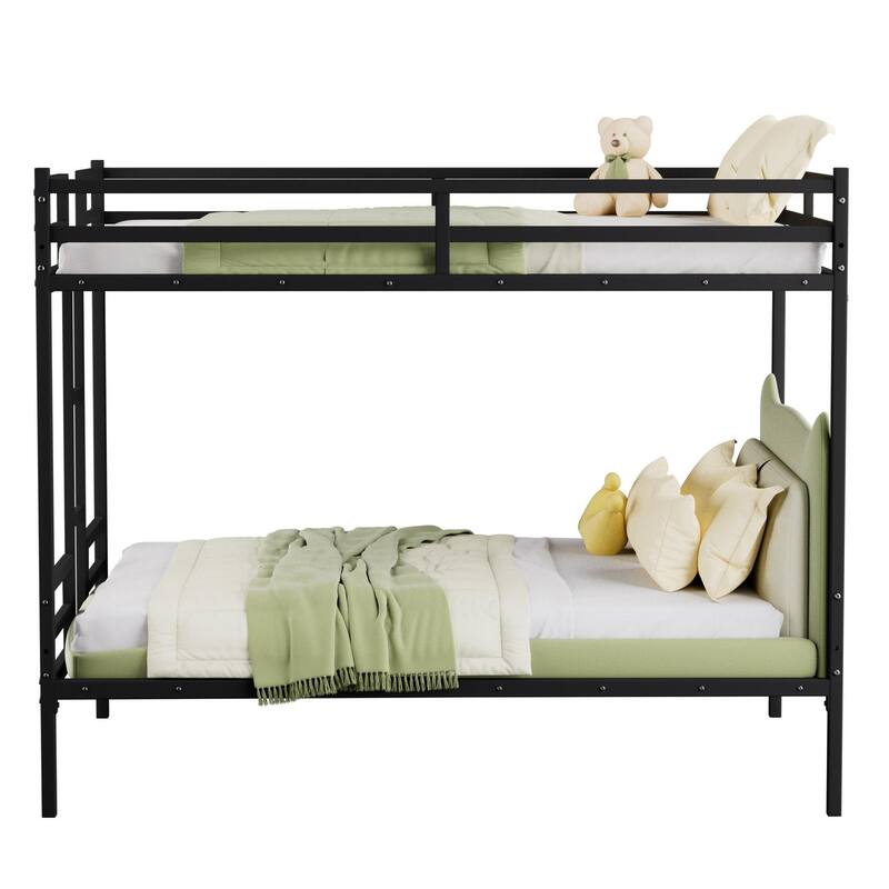 Metal Queen Bunk Bed with Guardrail, Ladder, and Storage, Black