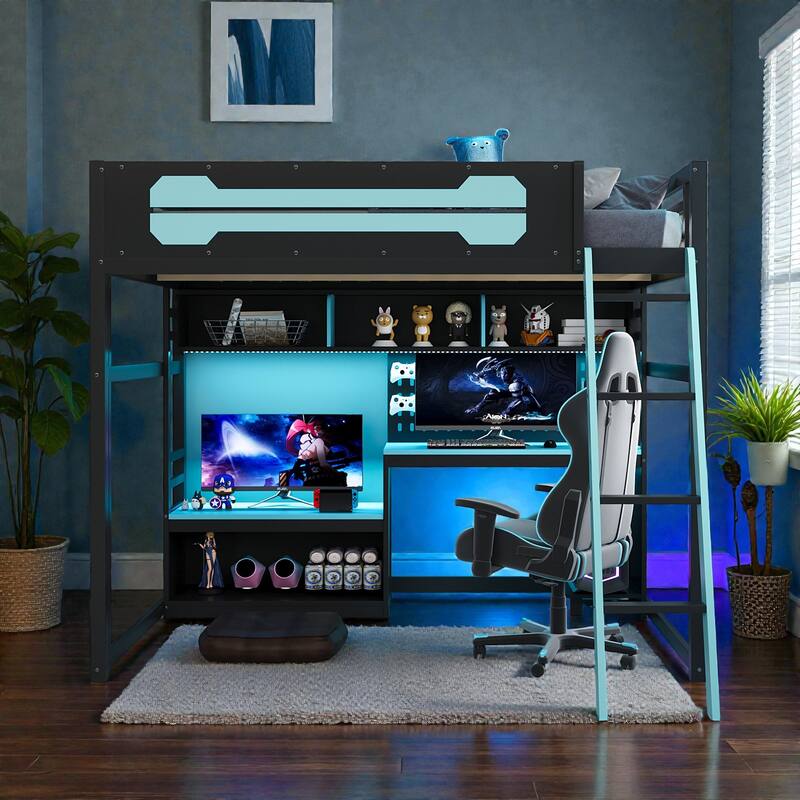 Full Size Wood Loft Bed with Desk, Shelves, LED Lights, USB Ports, Pegboard & Space-Saving Storage Design