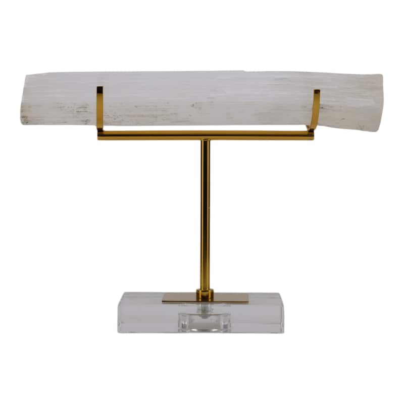 Selenite Stone Log Statuary with Metal Accents and Acrylic Base - 10" x 4" x 9"