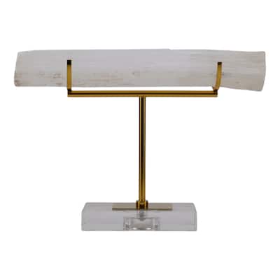 Selenite Stone Log Statuary with Metal Accents and Acrylic Base