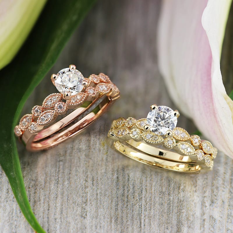 Auriya 14k Gold 4/5ctw Vintage Inspired Diamond Engagement Ring Set