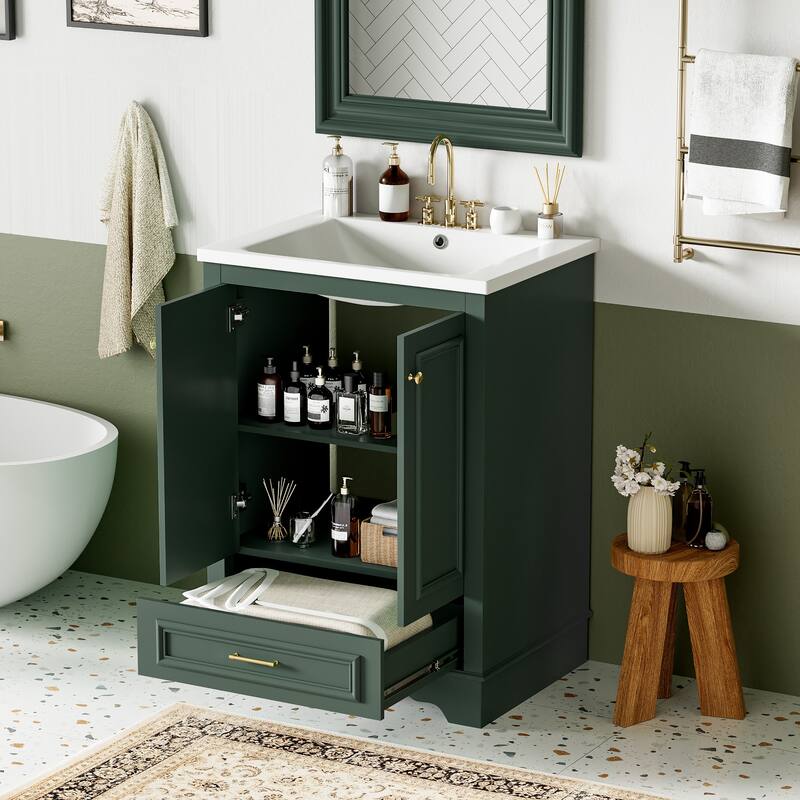 GDFStudio - Halcyon Modern Freestanding Bathroom Vanity with Ceramic Sink and Soft-Closing Storage Doors & Silver Handles - Green