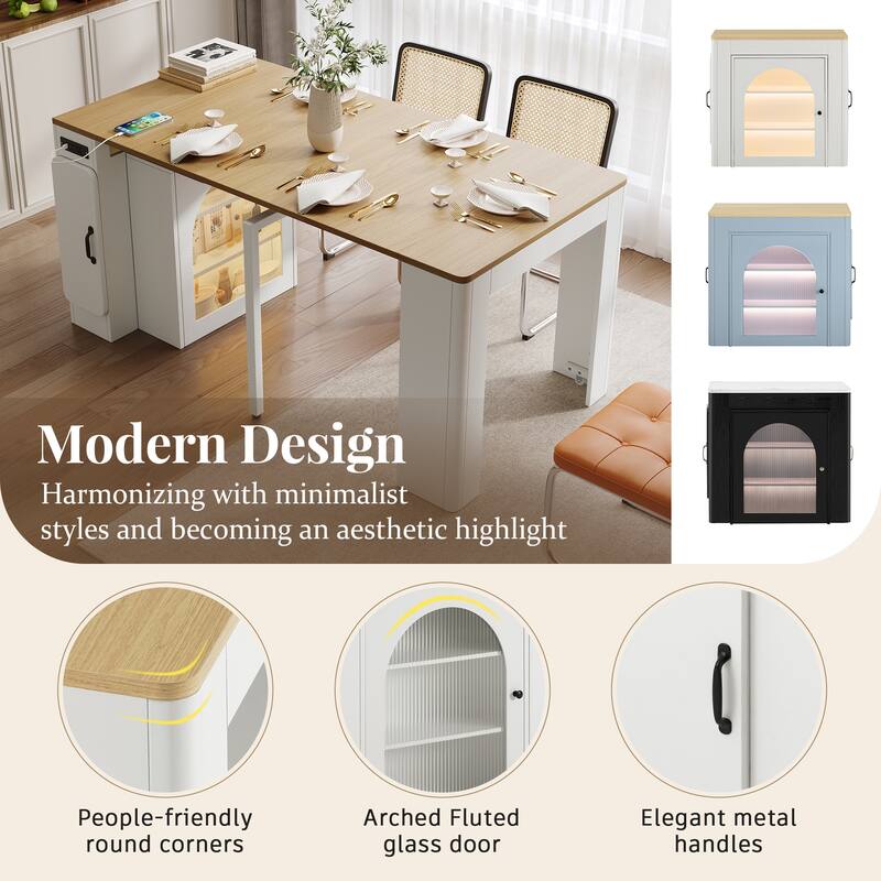 Extendable Kitchen Island Table with 3 Removable Leaves, Power Outlet & Storage Cabinet
