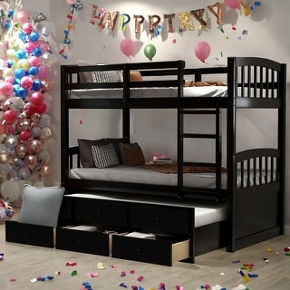 Twin over Twin Bunk Bed With Ladder And Safety Rail,Twin Trundle Bed with 3 Drawers