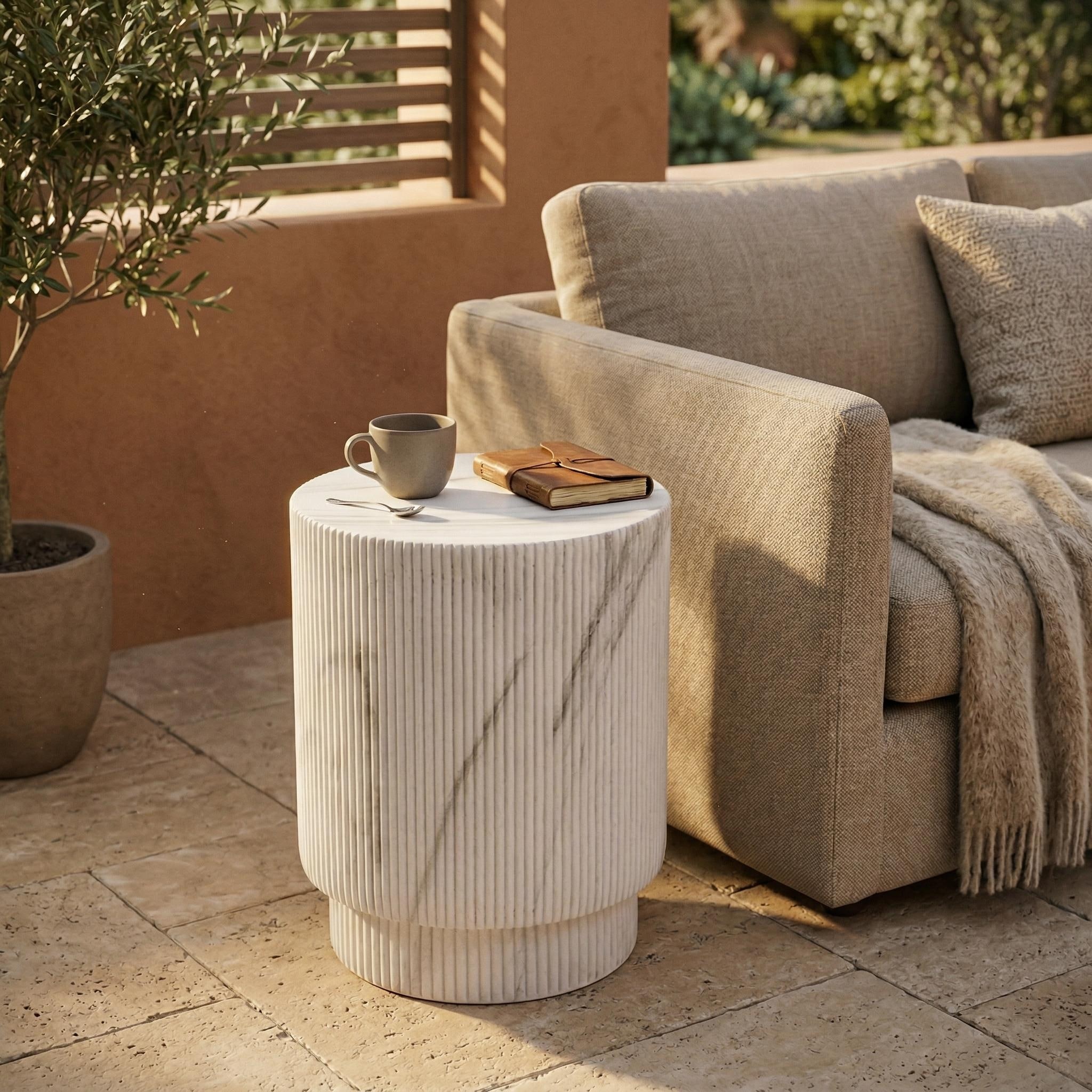 Eden Series 18" Round Stone Side Table - Mid-Century Modern Accent Table - Weather-Resistant Indoor Outdoor Patio & Garden
