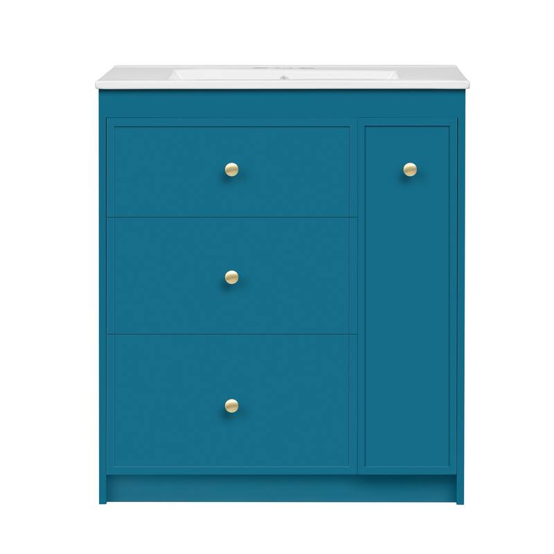 30" Blue Bathroom Vanity with Sink, 2 Soft-Close Drawers and Side Drawer, Freestanding Storage Cabinet with Gold Metal Knobs