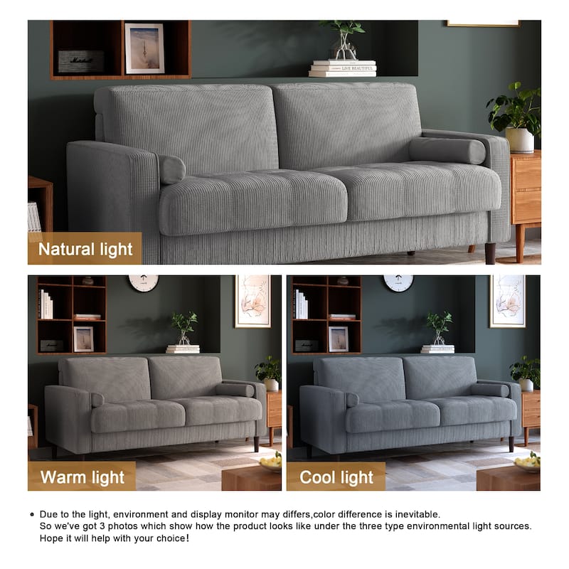 Modern Corduroy Upholstered 2 Seater Sofa with Bolster Pillows