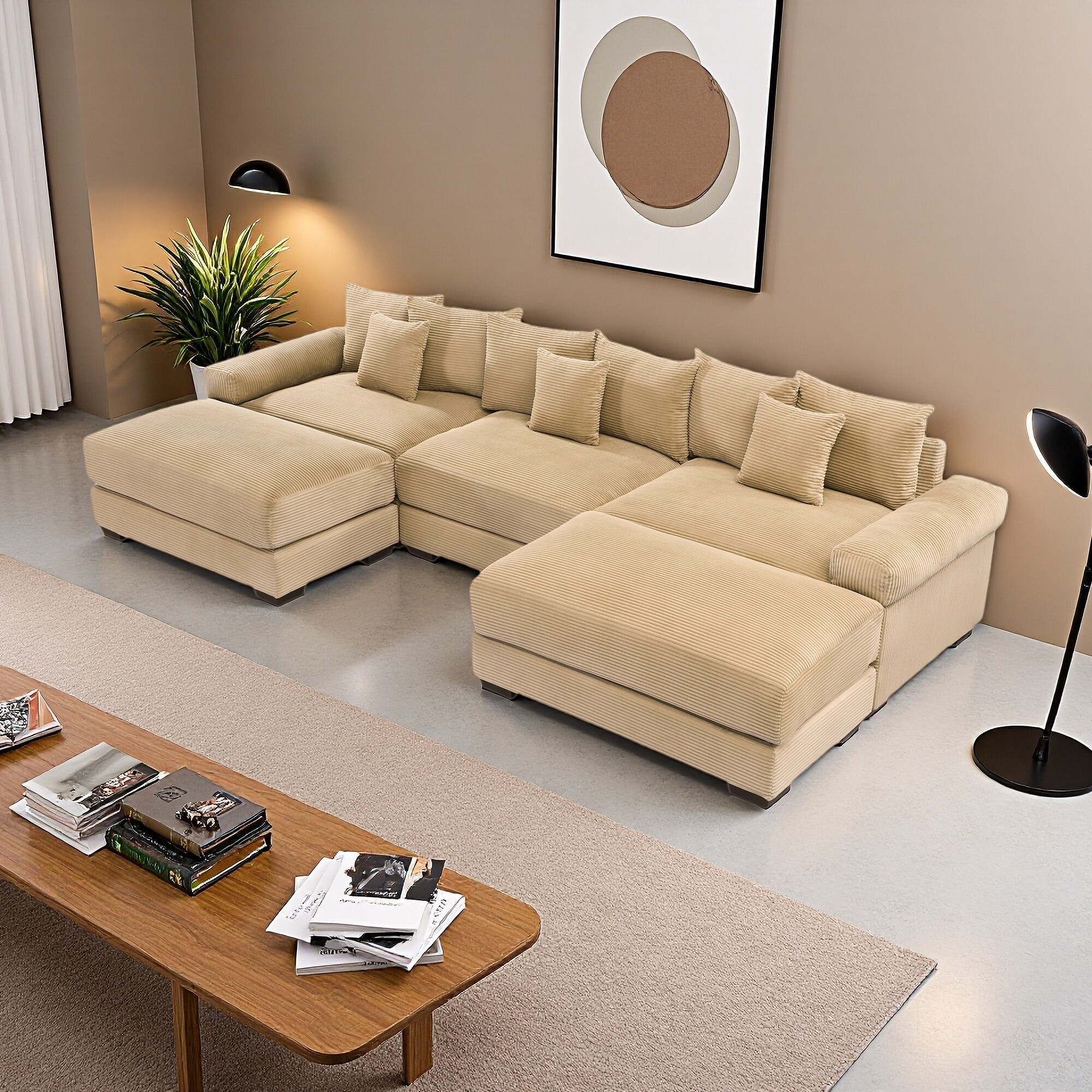 129.9" Corduroy Modular Cloud 3-Seater Sectional Sofa with Ottoman & Wide Armrests
