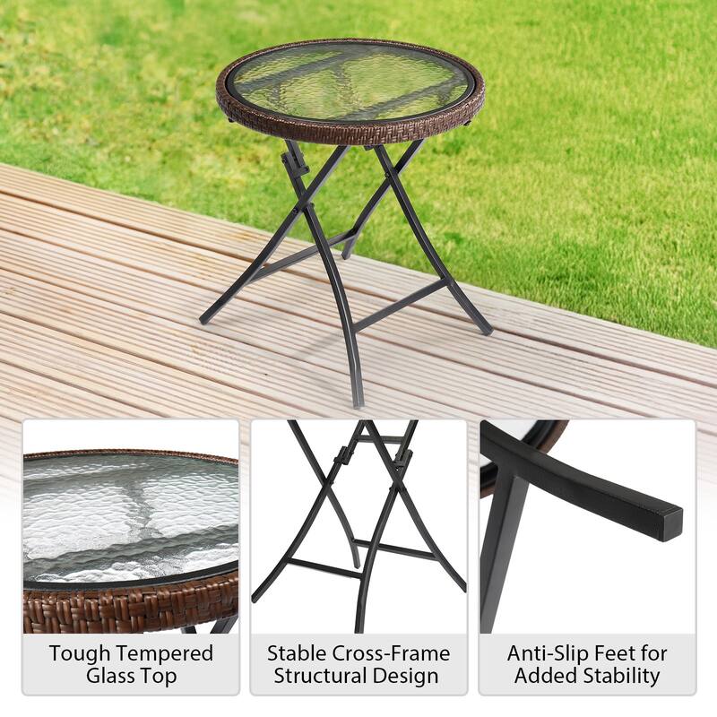 Outdoor Round Side Table with Tempered Glass Top, Foldable Metal Frame, Compact Patio, Balcony - 15.75" x 15.75" x 20.6"