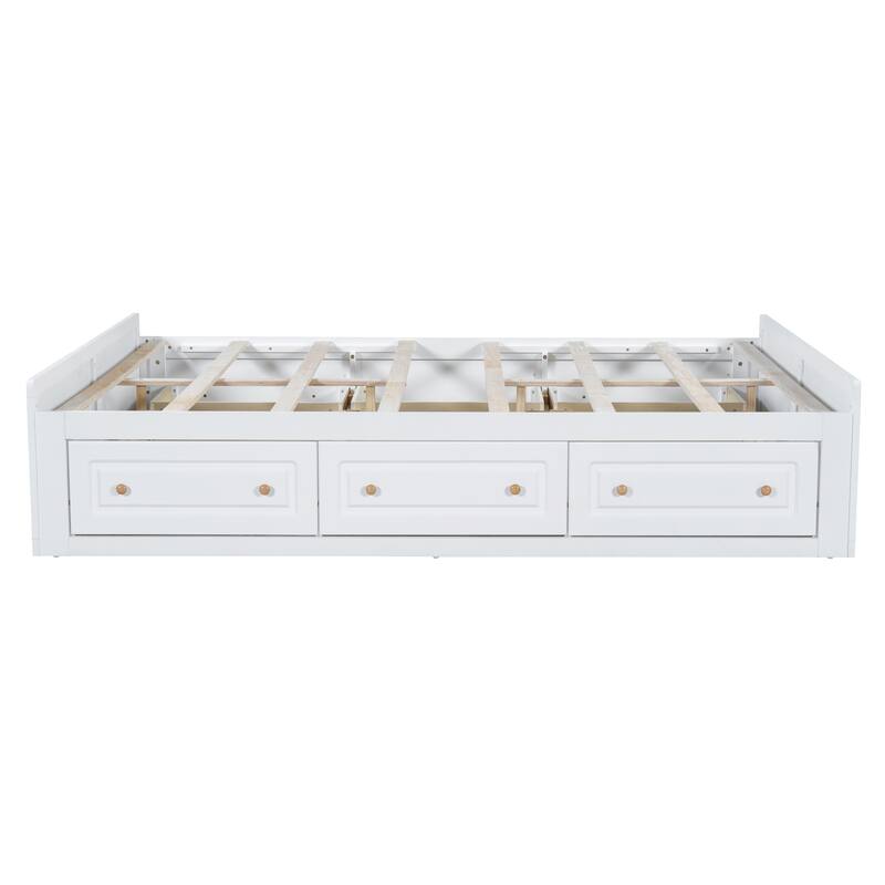 Queen Size Platform Bed Frame with 6 Storage Drawers, White