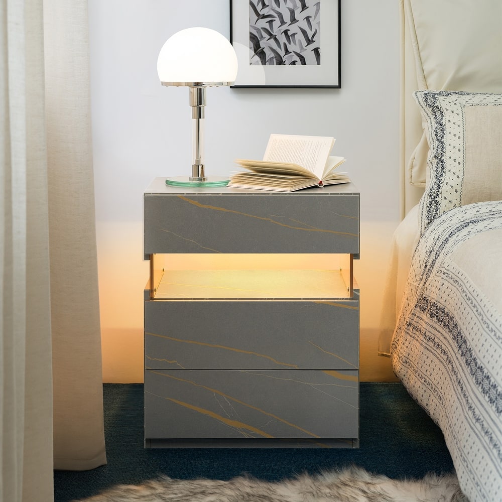 GDF Studio - Avalon Modern LED Nightstand with Three Drawers and 16-Color RGB Lighting