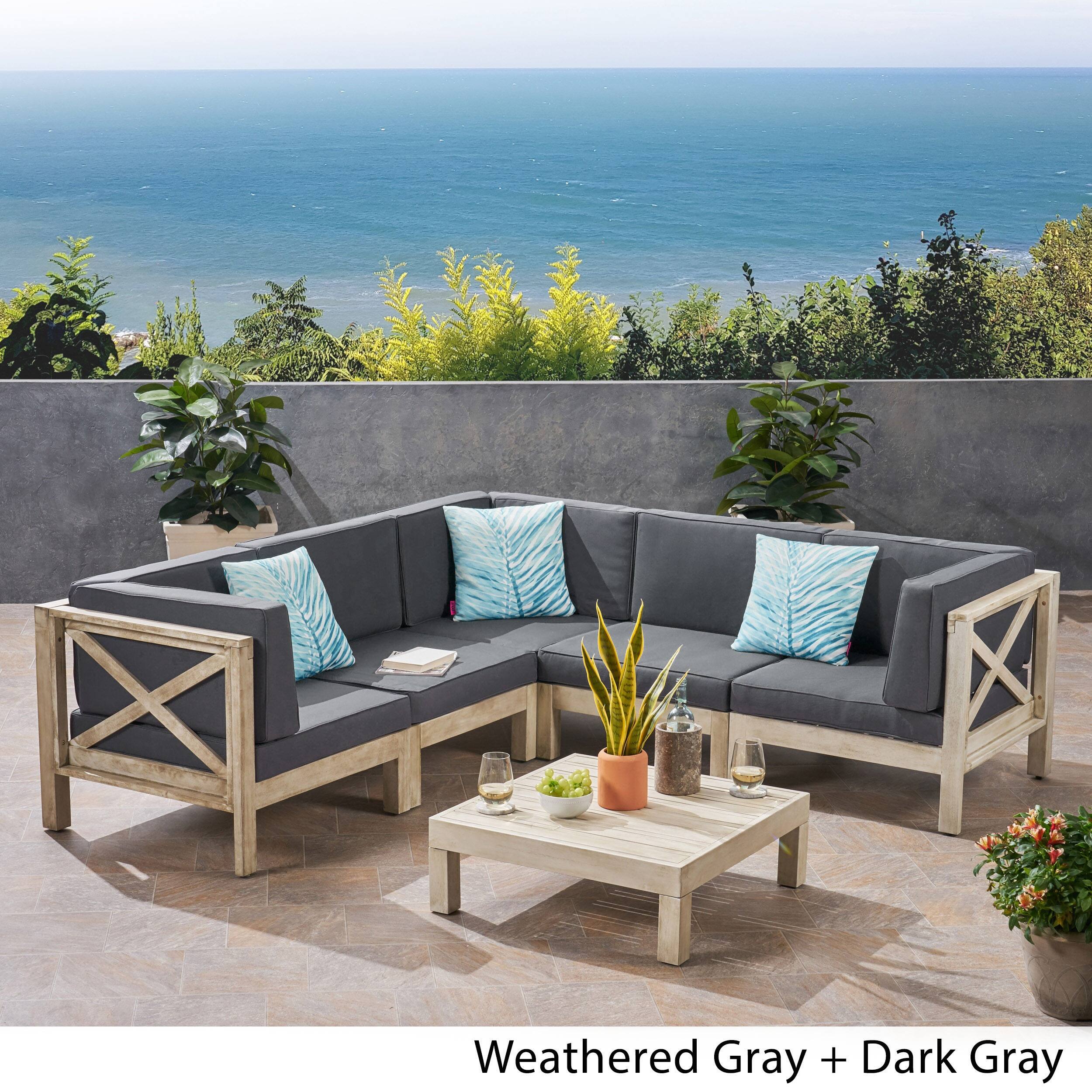 Brava Outdoor Acacia Wood 5 Seater Sectional Sofa Set with Coffee Table