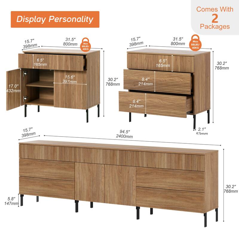 94.5" Modern Reeded 7-Drawer Dresser Set For Bedroom, Minimalist Chest Of Drawers