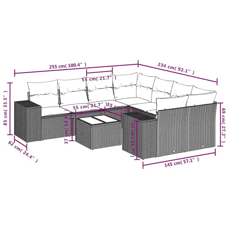vidaXL 9 Piece Patio Sofa Set with Cushions Black Poly Rattan - 24.4" x 24.4" x 27.2"