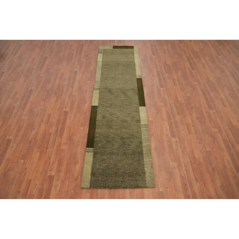 Hand Knotted Oriental 100% Wool Carpet Modern Solid Green Gabbeh Runner Rug - 9' 10'' X 2' 8''