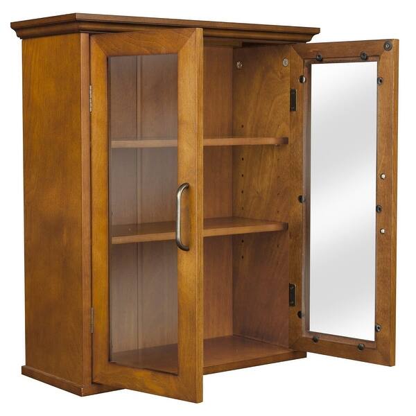 Shop Oak Finish Bathroom Wall Cabinet With Glass 2 Doors Shelves