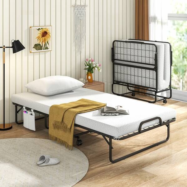 slide 2 of 9, Twin Size Rollaway Guest Folding Bed with Mattress Sturdy Heavy Duty Frame White-Black