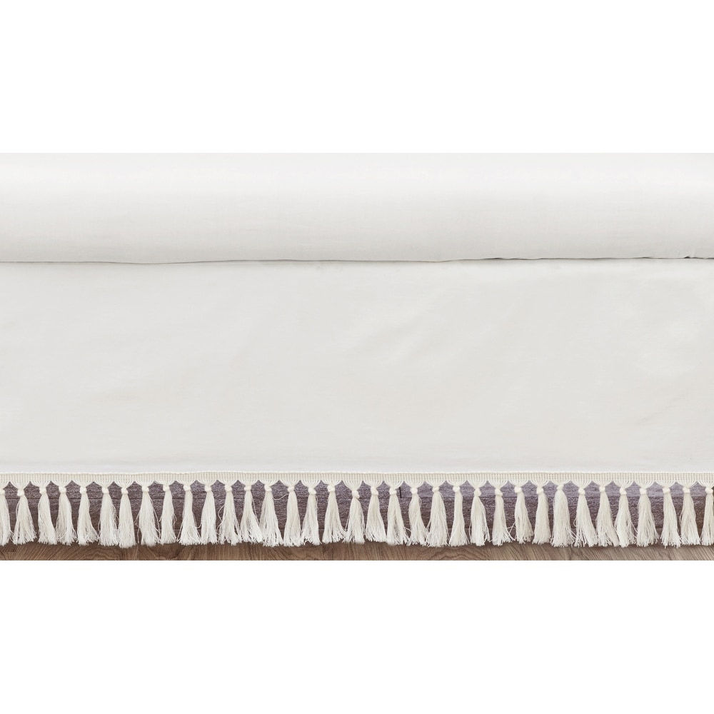 Boho Desert Sun Collection Girl Boy Crib Bed Skirt - Ivory Beige Off White Cream Bohemian Tassels Fringe Macrame Cotton Neutral