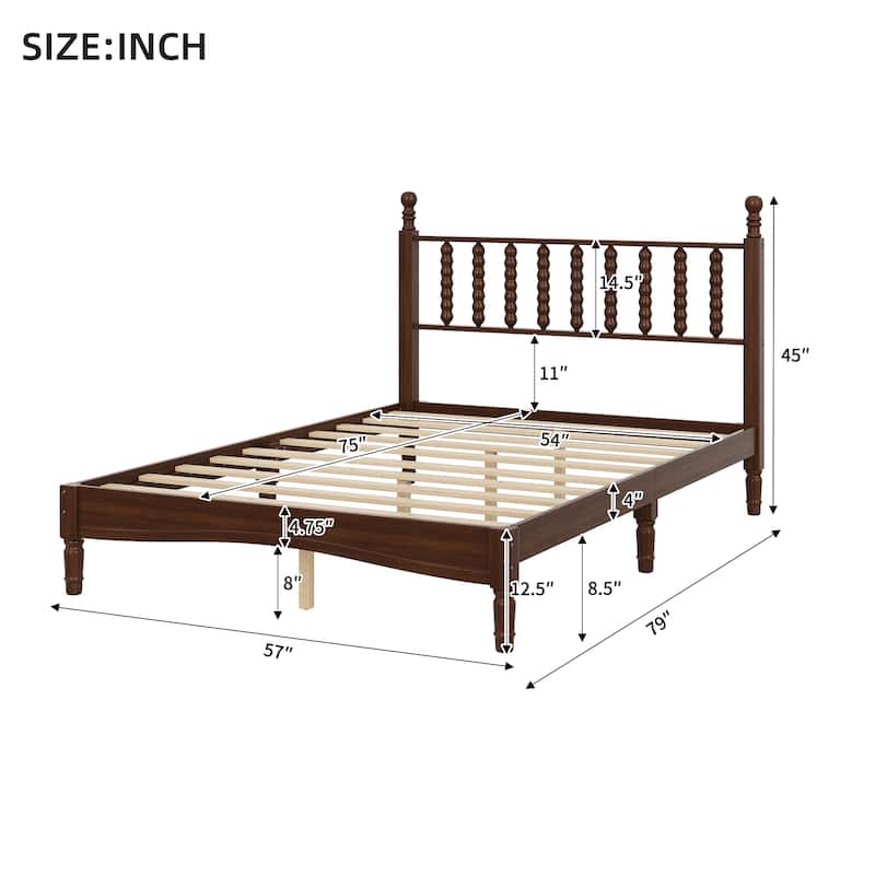 Full / Queen / King Retro Style Wood Platform Bed with Gourd Headboard and Wooden Slat Support