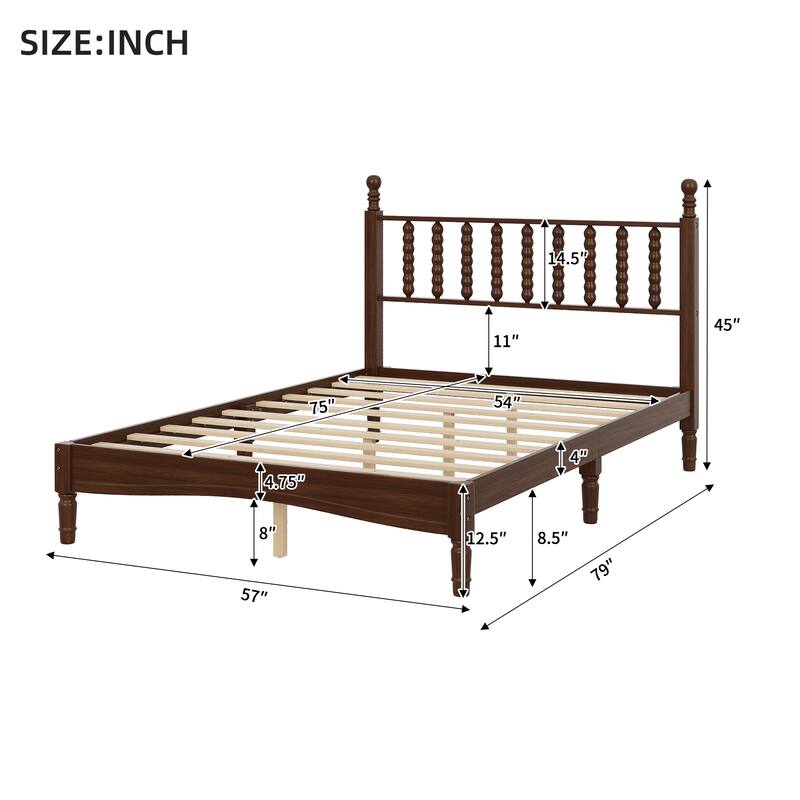 Wood Platform Bed Frame with Gourd Shaped Headboard, Retro Style Low Profile Bed with Wooden Slat Support, No Box Spring Needed