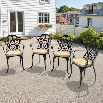 Black Cast Aluminum Patio Outdoor Dining Chairs with Seat Cushions