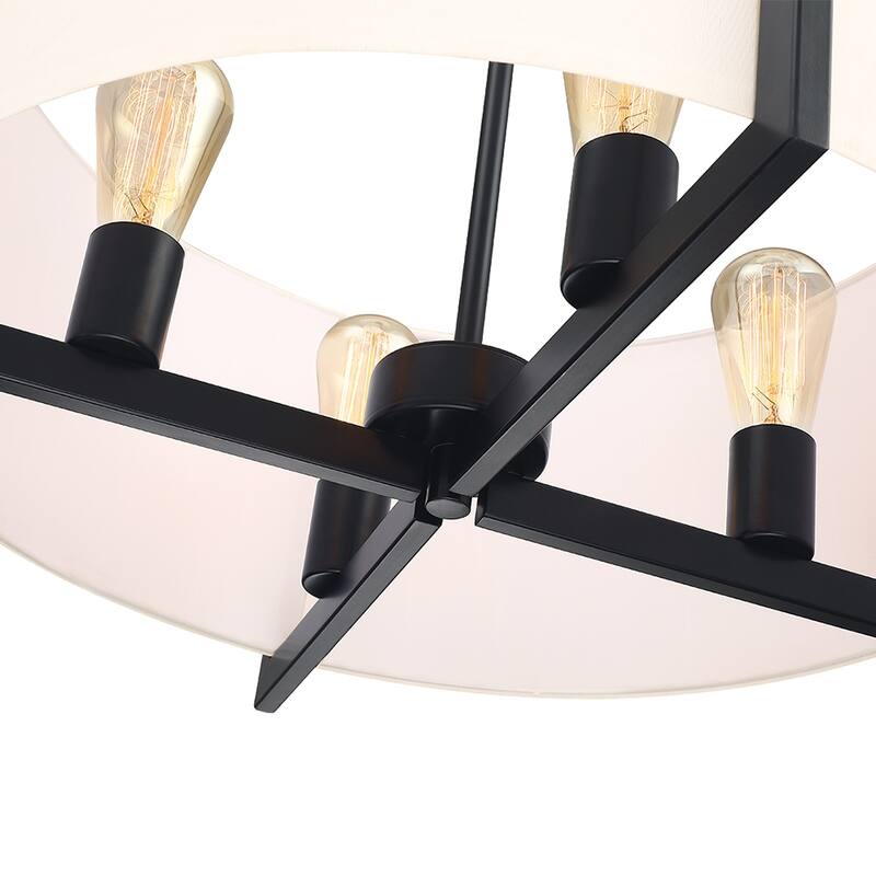 22 in. 4-Light Matte Black Chandelier Pendant Light with White Drum Shade - 22"W