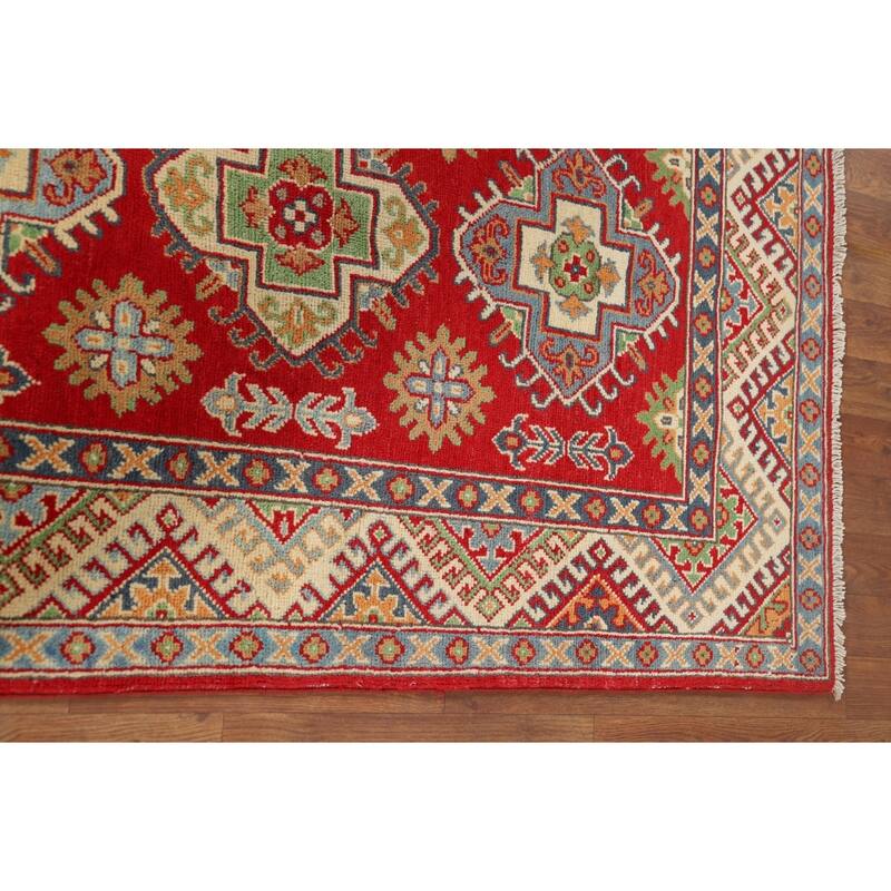 Geometric Red Kazak Oriental Accent Rug Handmade Wool Carpet - 3'4" x 5'1"
