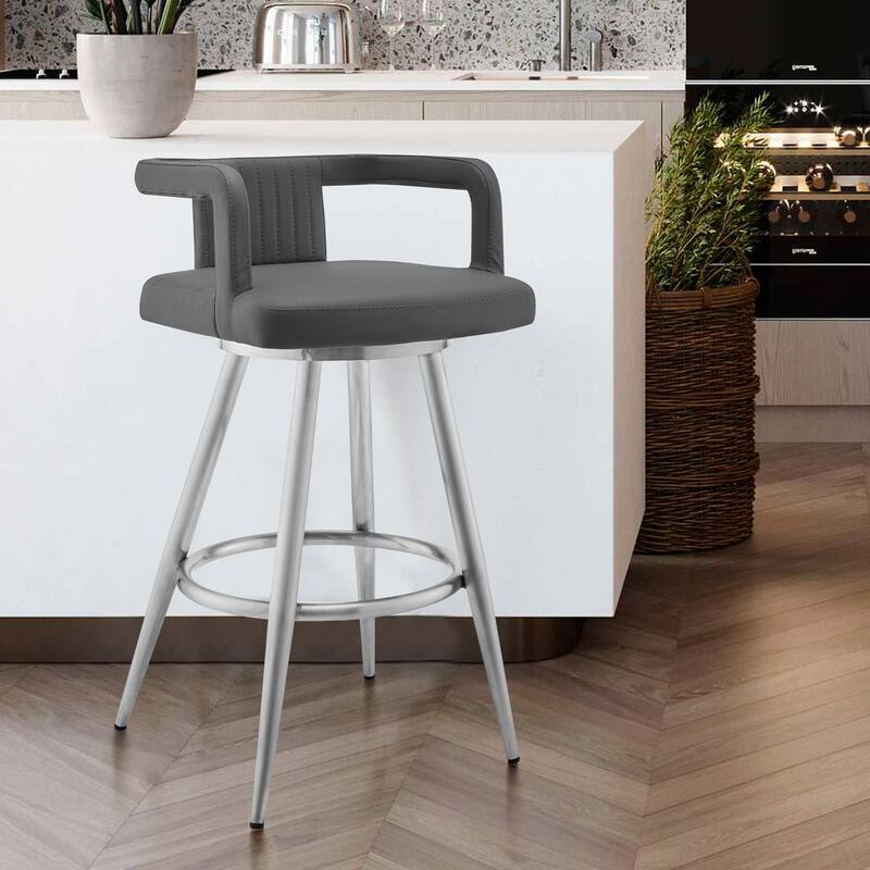 Gabriele Gray Faux Leather and Metal Swivel Bar Height Barstool with Arms