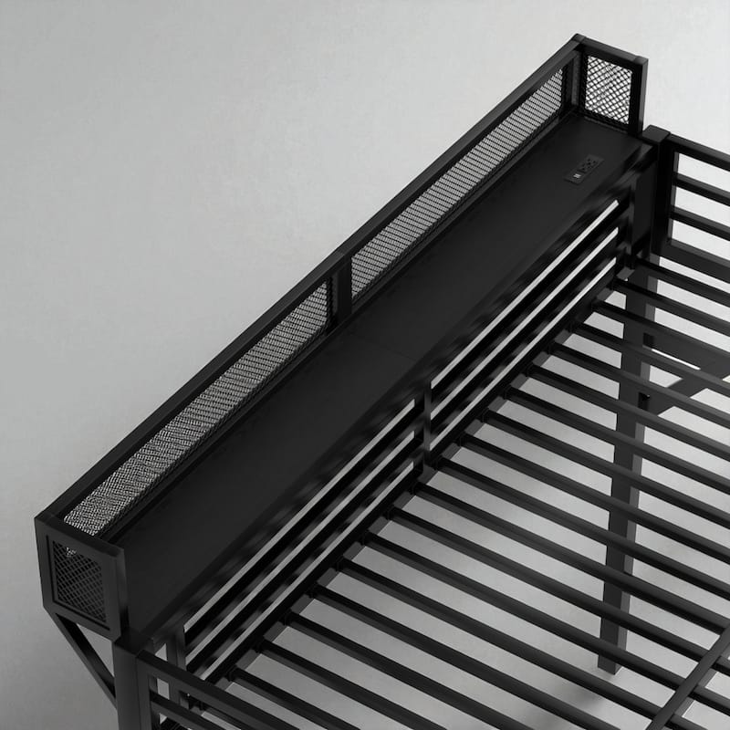 Metal Loft Bed Twin XL/Full/Queen with Storage Stairs, Built-in Wardrobe, USB Ports and LED Lights