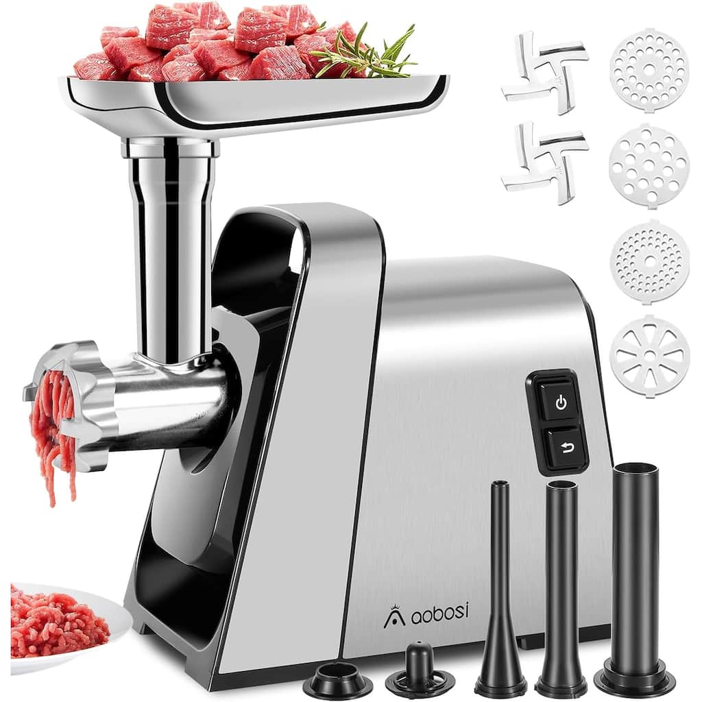 AOBOSI Meat Grinder Electric,with 2 Stainless Steel Blades & 4 Grinding Plates,Sausage Maker & Kibbe Kit for Home Kitchen