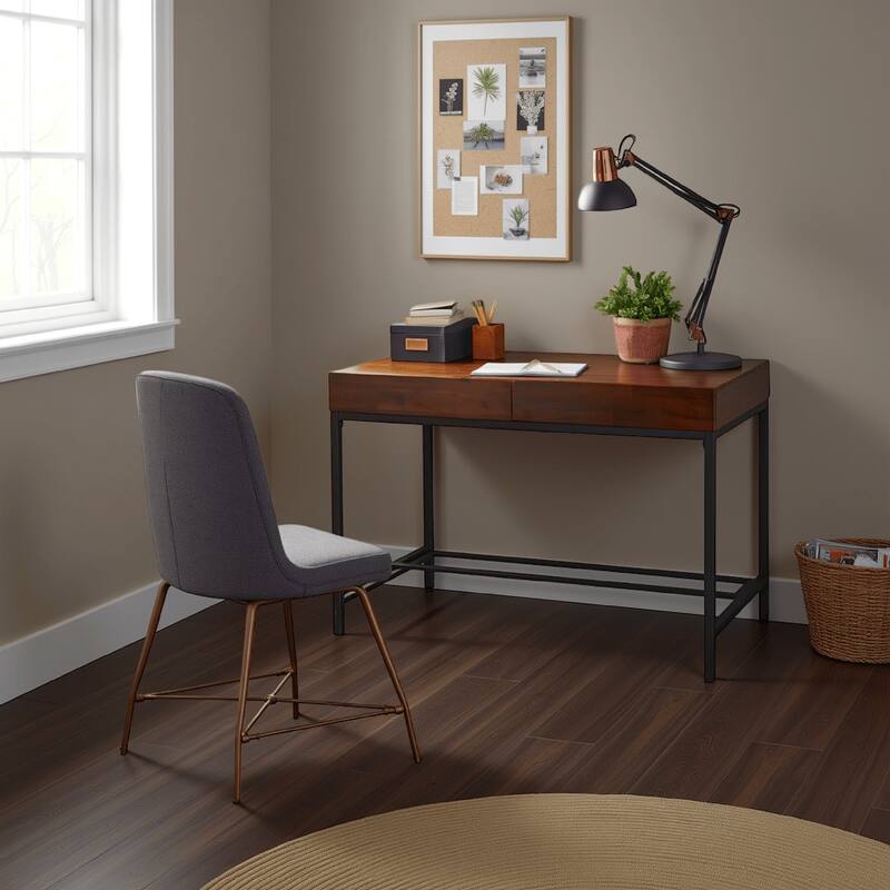 Writing Desk with 2 Storage Drawers, 44 Inch Brown Acacia Wood