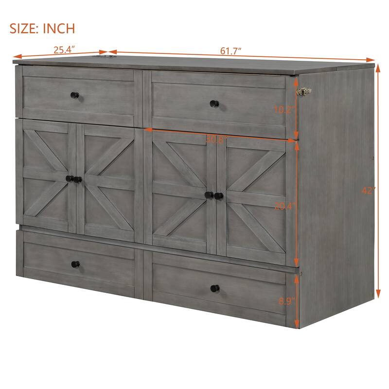 Queen Size Space-Saving Murphy Bed with Storage Drawers and USB Ports, Brushed Gray