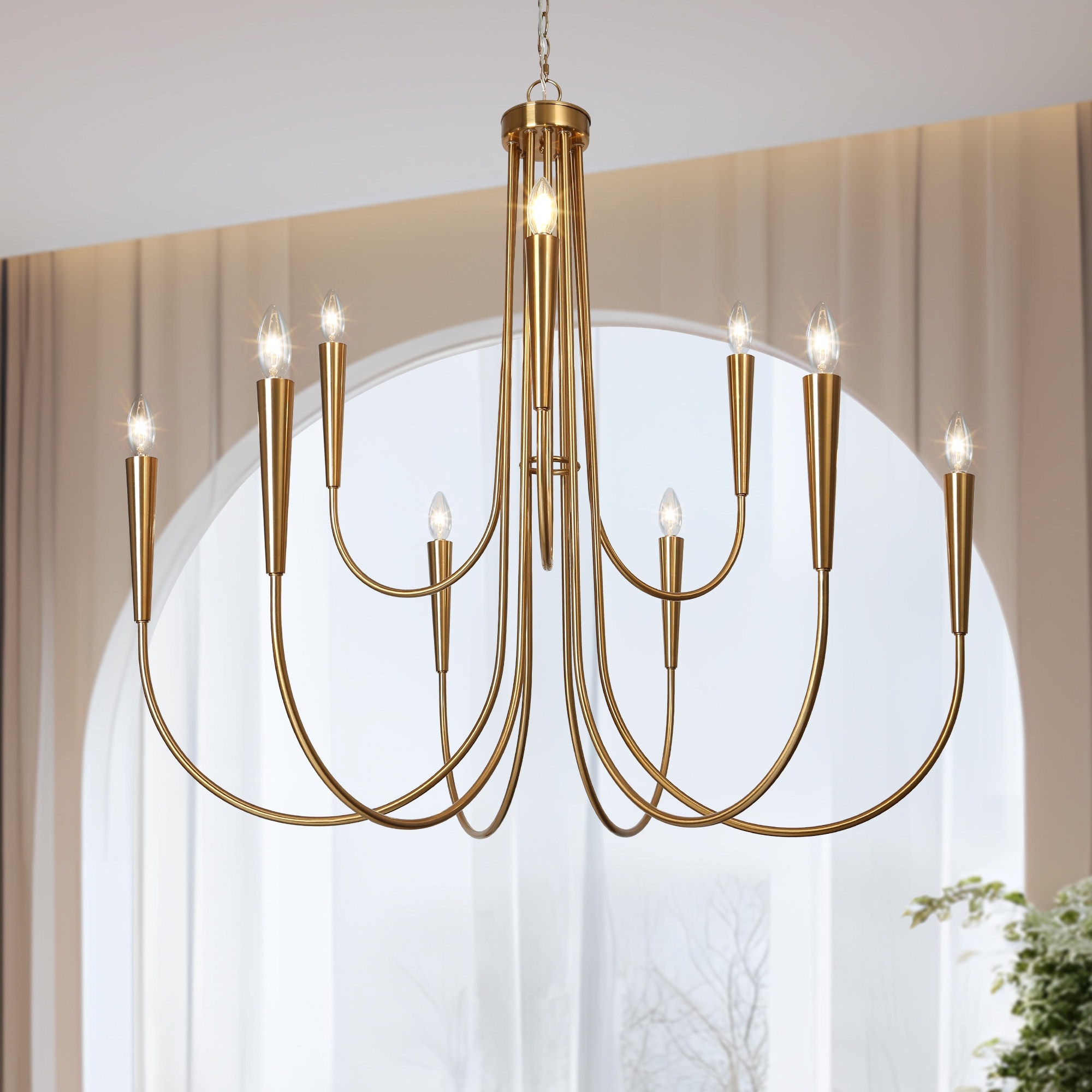 LALUZ Mid-century Modern Gold 9-Light Large Chandelier Classic Candle Light for Living Dining Room - D41.3" x H40.1"