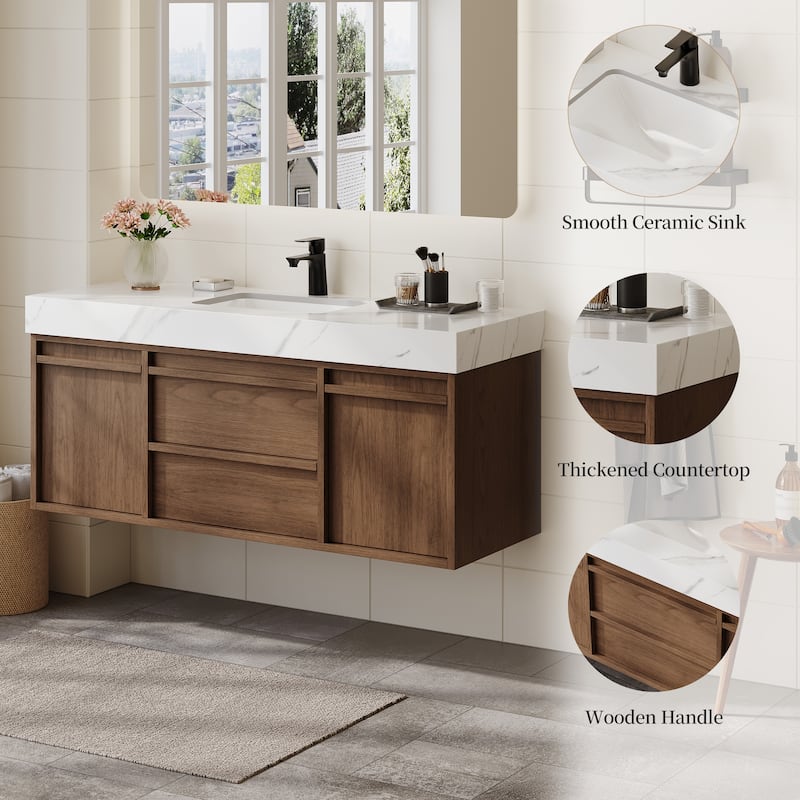 48"Mid Century Modern Wall-Mounted Bathroom Vanities,Single Sink,Brown Wood Texture with Sintered Stone Table top