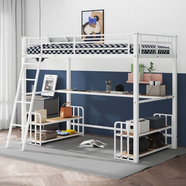 slide 2 of 9, Twin Size Loft Bed with Build-in Desk, Metal Bed with Storage Shelves and Charging Station for Bedroom, White White