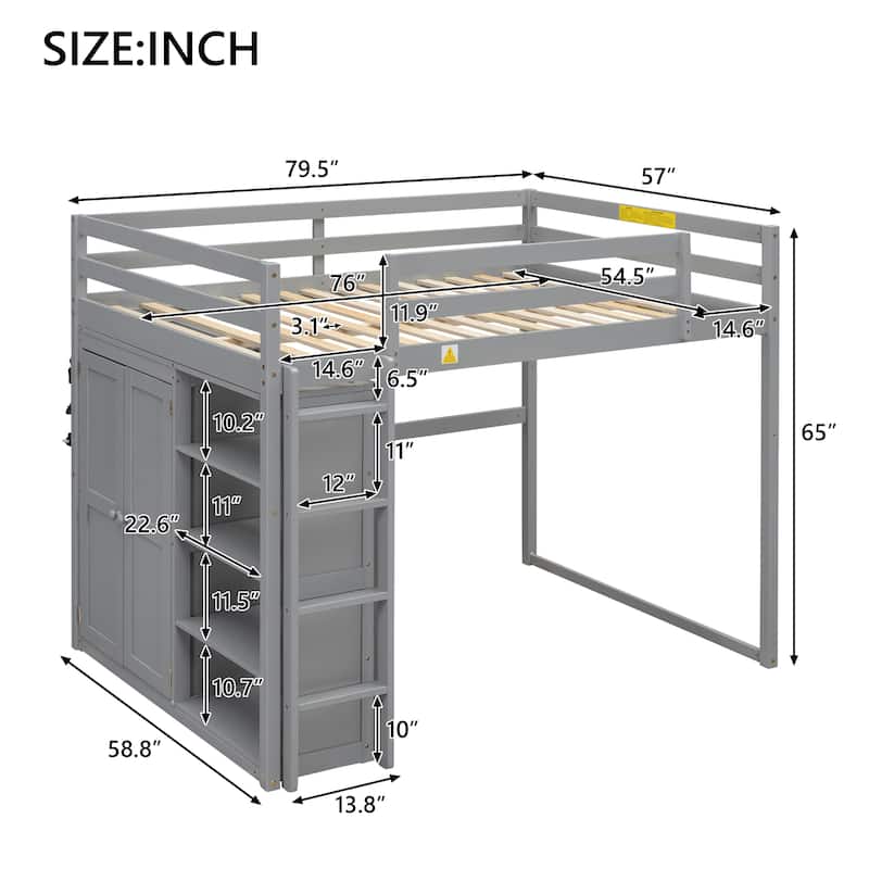 Full Size Wood Loft Bed with Built-in Wardrobe and Storage Shelves, Led light, White