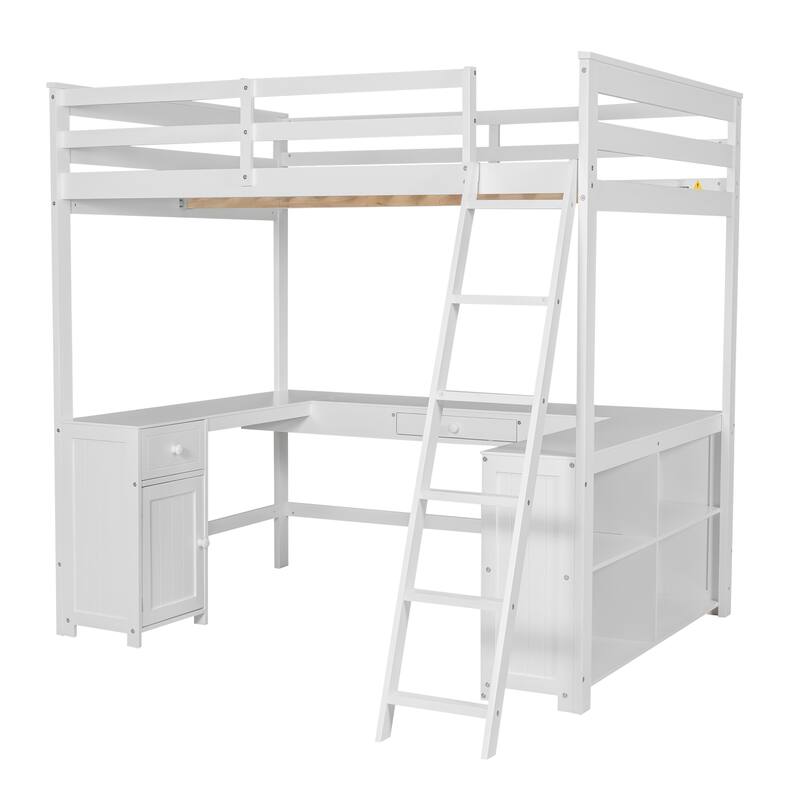 Full Size Loft Bed with U-shaped Desk, Drawers, and Storage Shelves in White