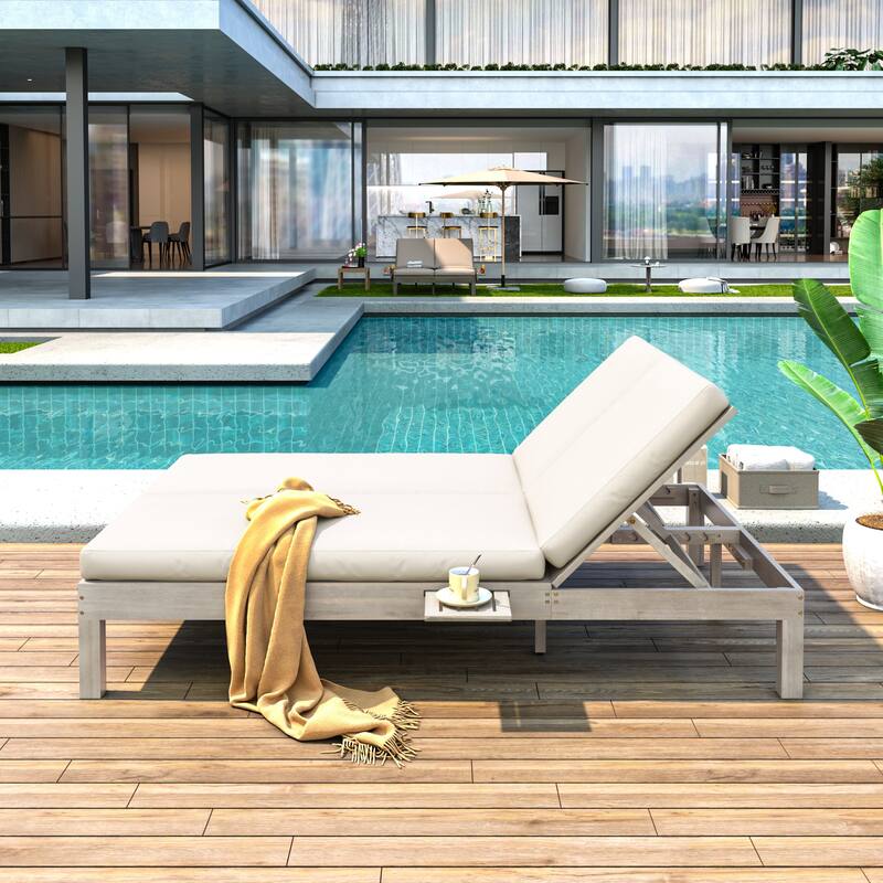 Patio Outdoor Chaise Lounge w/ Cushion & Folding Side Trays & 5-Position Backrest, Gray