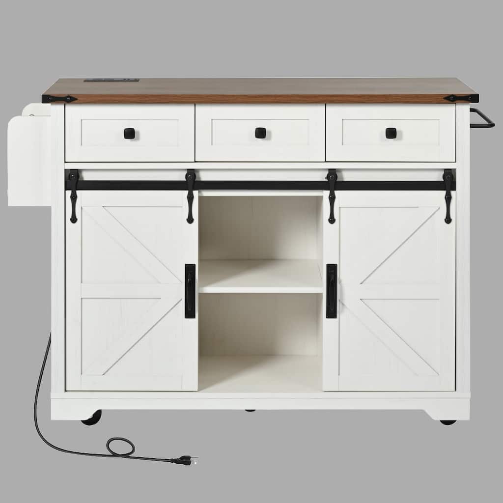 Farmhouse Kitchen Island with Power Outlet, Sliding Barn Doors, Drop Leaf & Spice Rack, Mobile Rolling Cart for Kitchen Storage